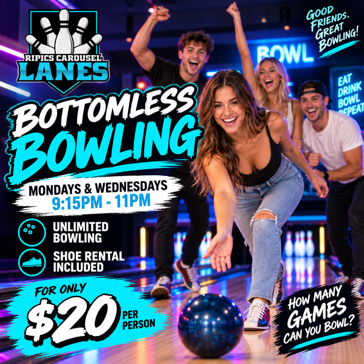 Bottomless Bowling Mondays and Wednesdays at Ripics Carousel Lanes flyer